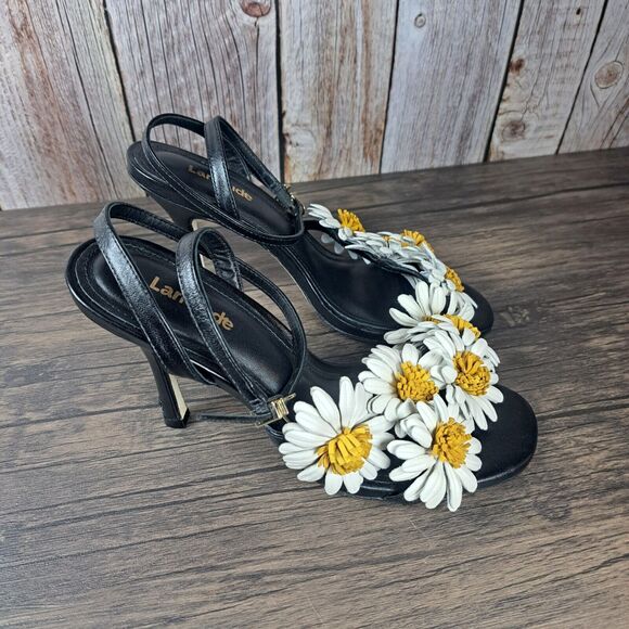 Larroudé Black Leather Floral Daisy Fiore Heel Sandals Women's Sz 6.5 (READ) - Picture 3 of 13